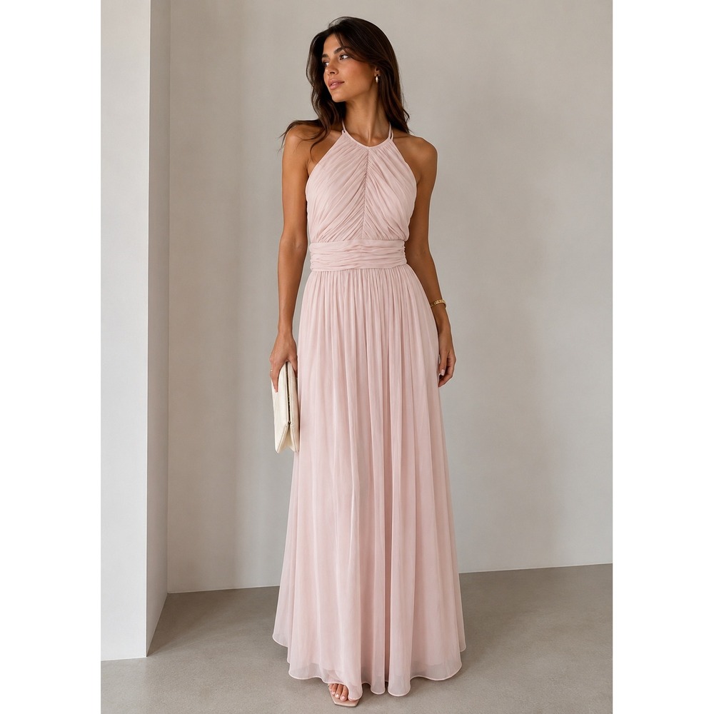 Dessy Collection Maxi Dress 10 Vivian Diamond Blush Pink Halter Keyhole Back